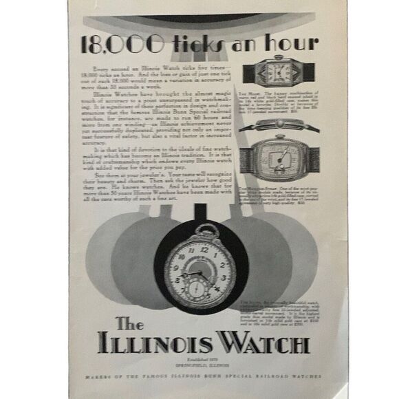 Vintage 1928 Illinois Watch 18009 Ticks an Hour Ad Advertisment - Picture 1 of 5